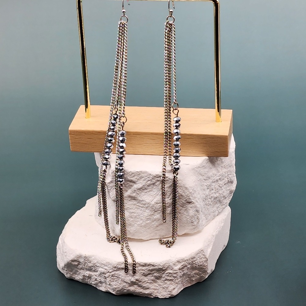 Long Gunmetal Chain Tassel Earrings Faceted Crystal Bead Fringe Boho Statement